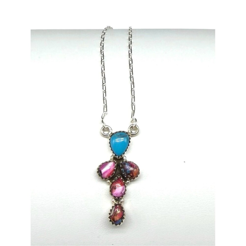 Kingman Pink Dahlia Turquoise Pendant Necklace Solid 925 Sterling Silver